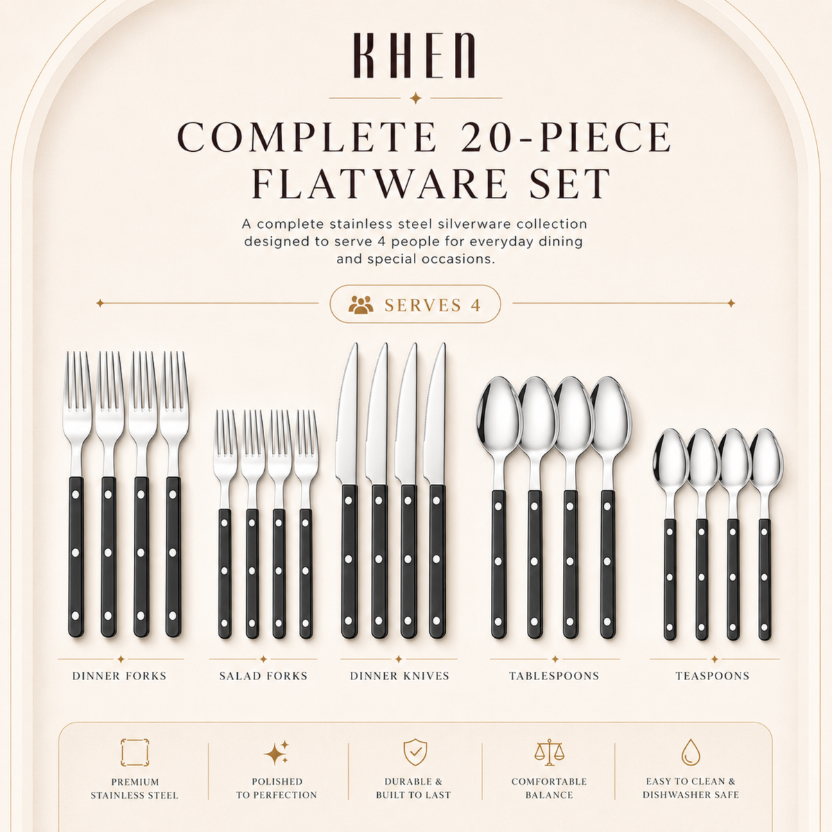 Khen Black Stainless Steel Flatware – 20-Piece Set