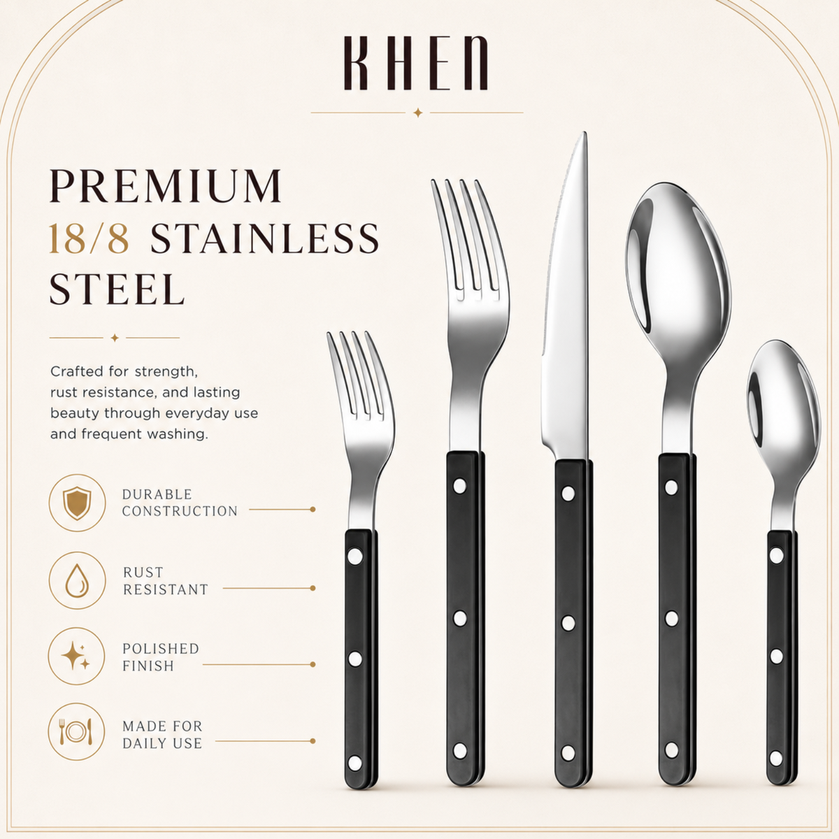 Khen Black Stainless Steel Flatware – 20-Piece Set