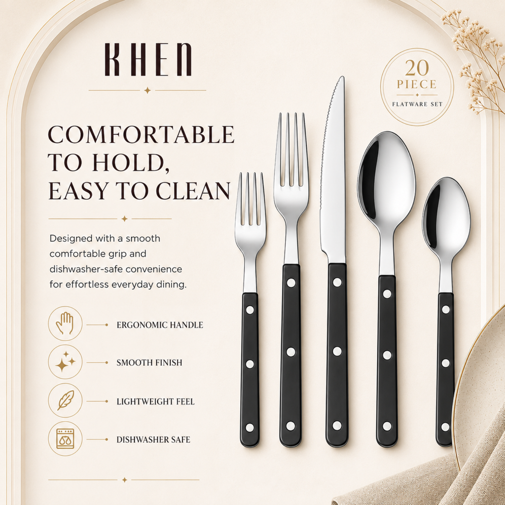Khen Black Stainless Steel Flatware – 20-Piece Set