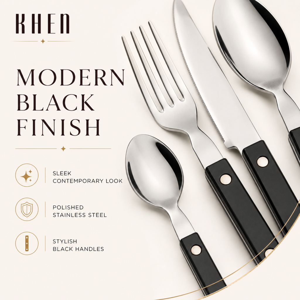 Khen Black Stainless Steel Flatware – 20-Piece Set