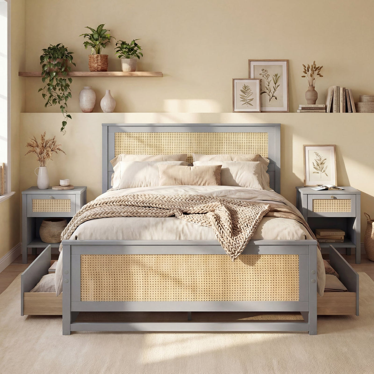Rattan Bed Frame Full Size with Storage Drawers