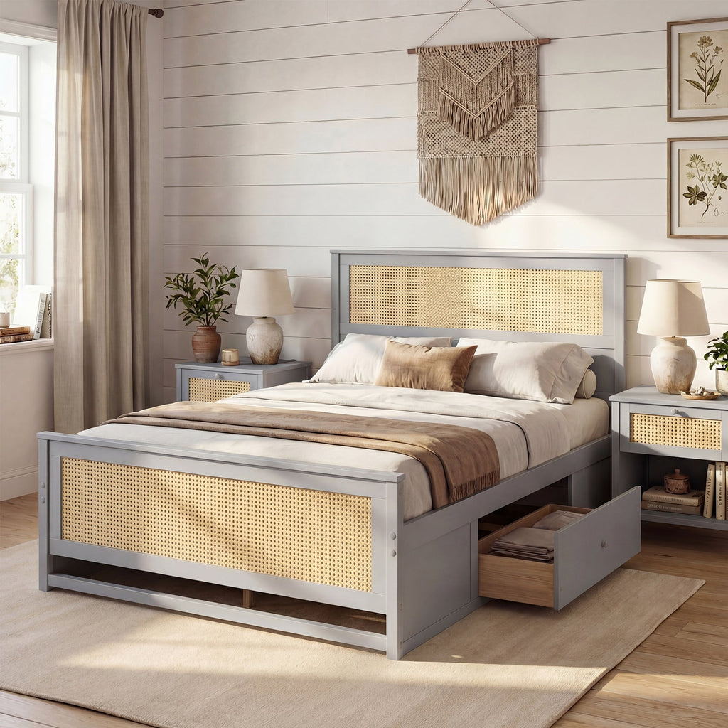 Rattan Bed Frame Full Size with Storage Drawers