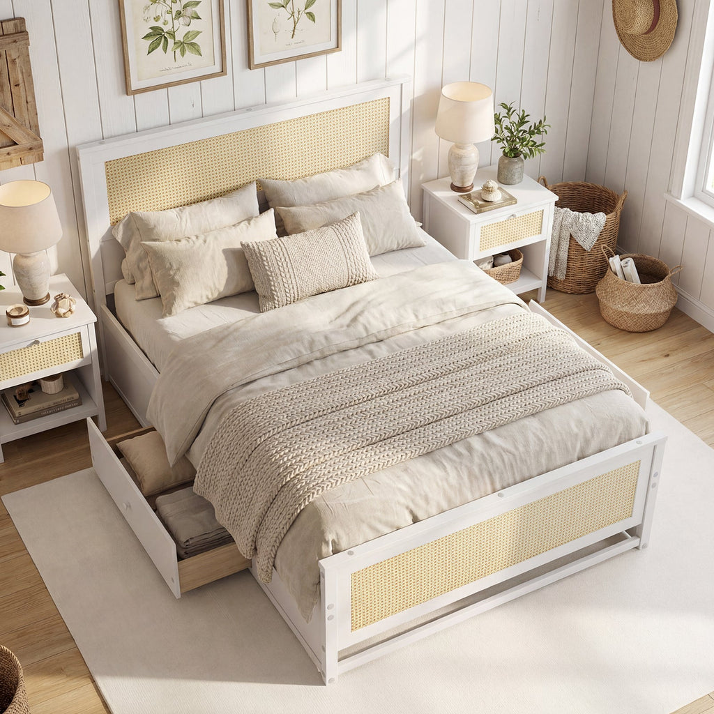 Rattan Bed Frame Full Size with Storage Drawers