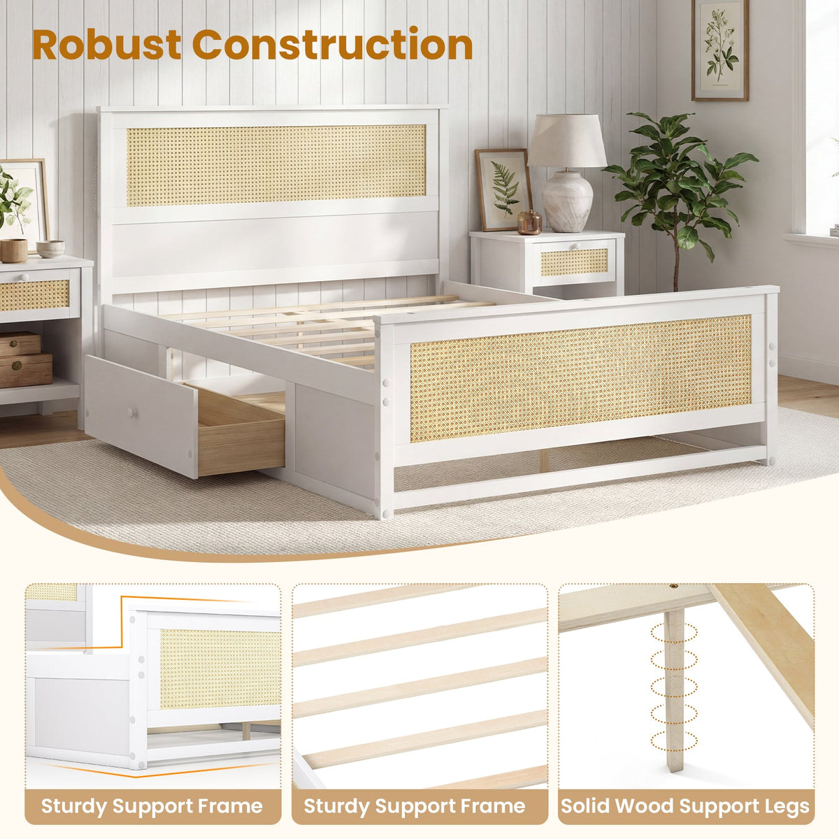Rattan Bed Frame Full Size with Storage Drawers
