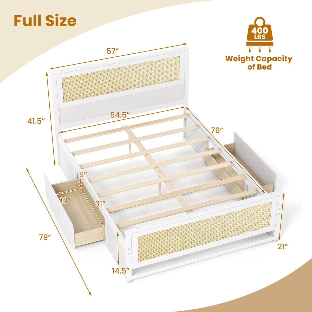 Rattan Bed Frame Full Size with Storage Drawers