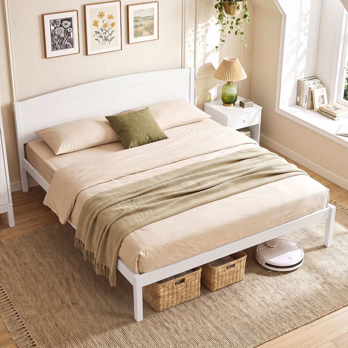 Pine Wood King Size Platform Bed Frame with Curved Headboard