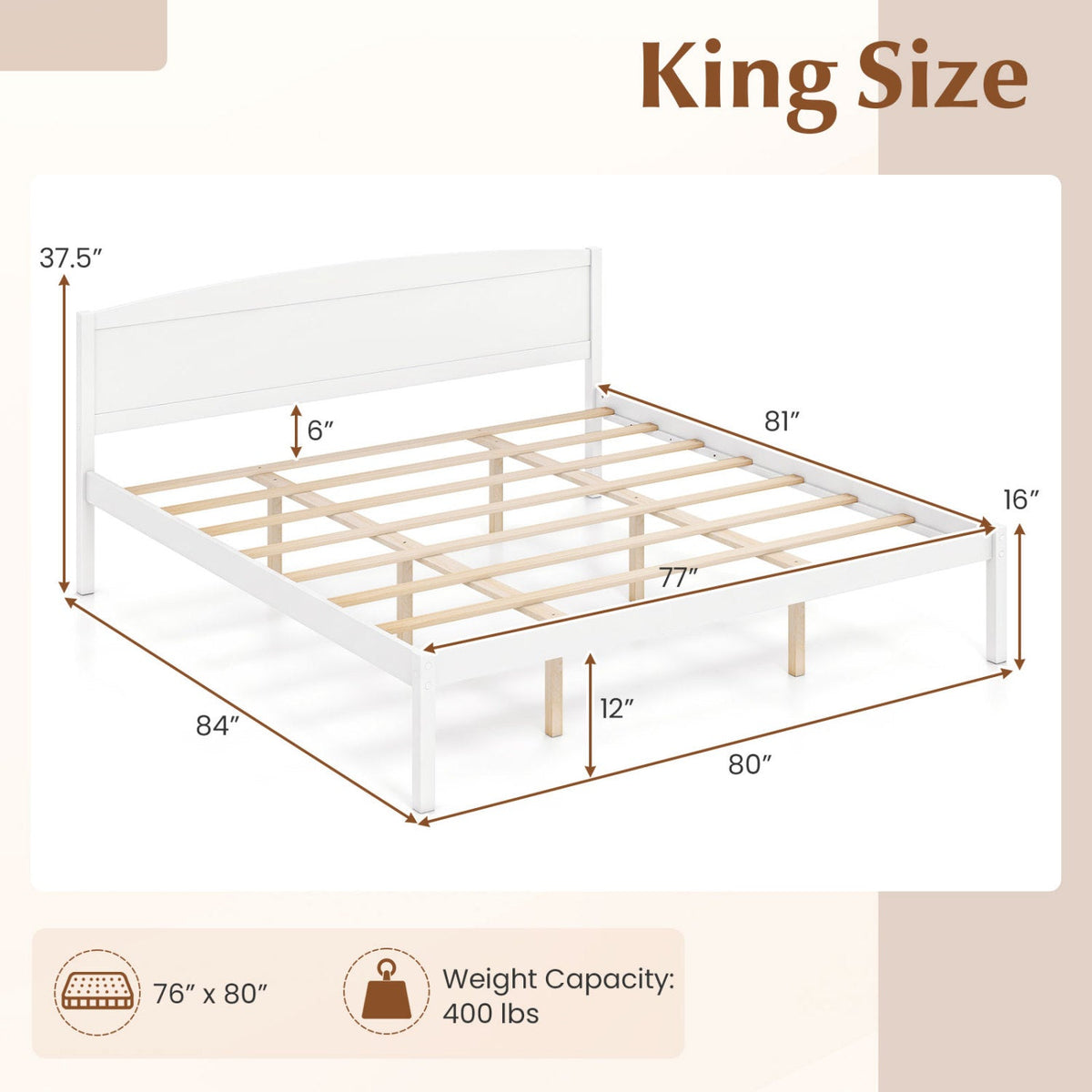 Pine Wood King Size Platform Bed Frame with Curved Headboard