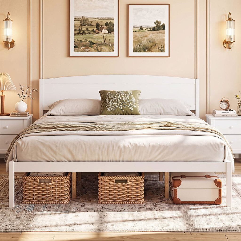 Pine Wood King Size Platform Bed Frame with Curved Headboard