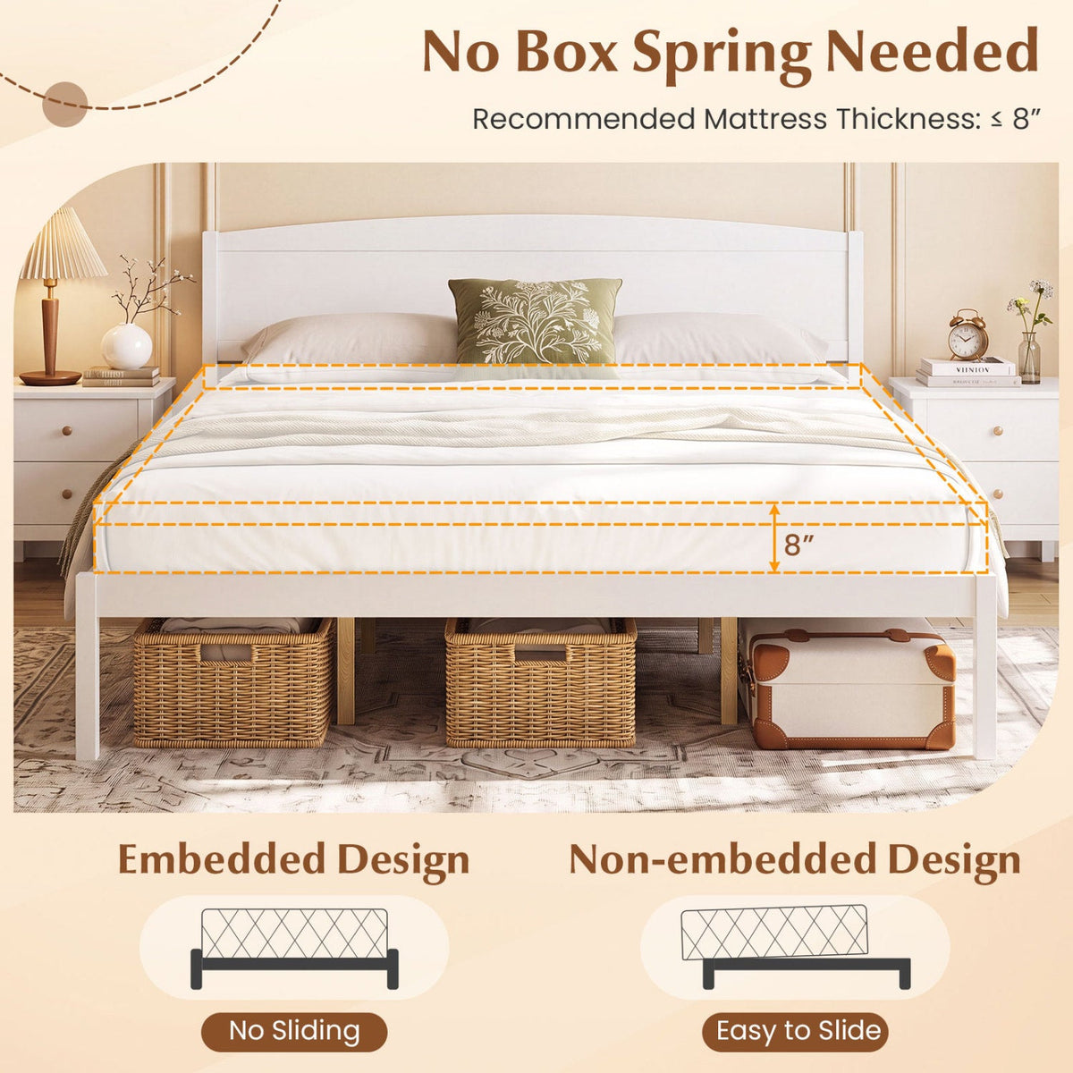 Pine Wood King Size Platform Bed Frame with Curved Headboard
