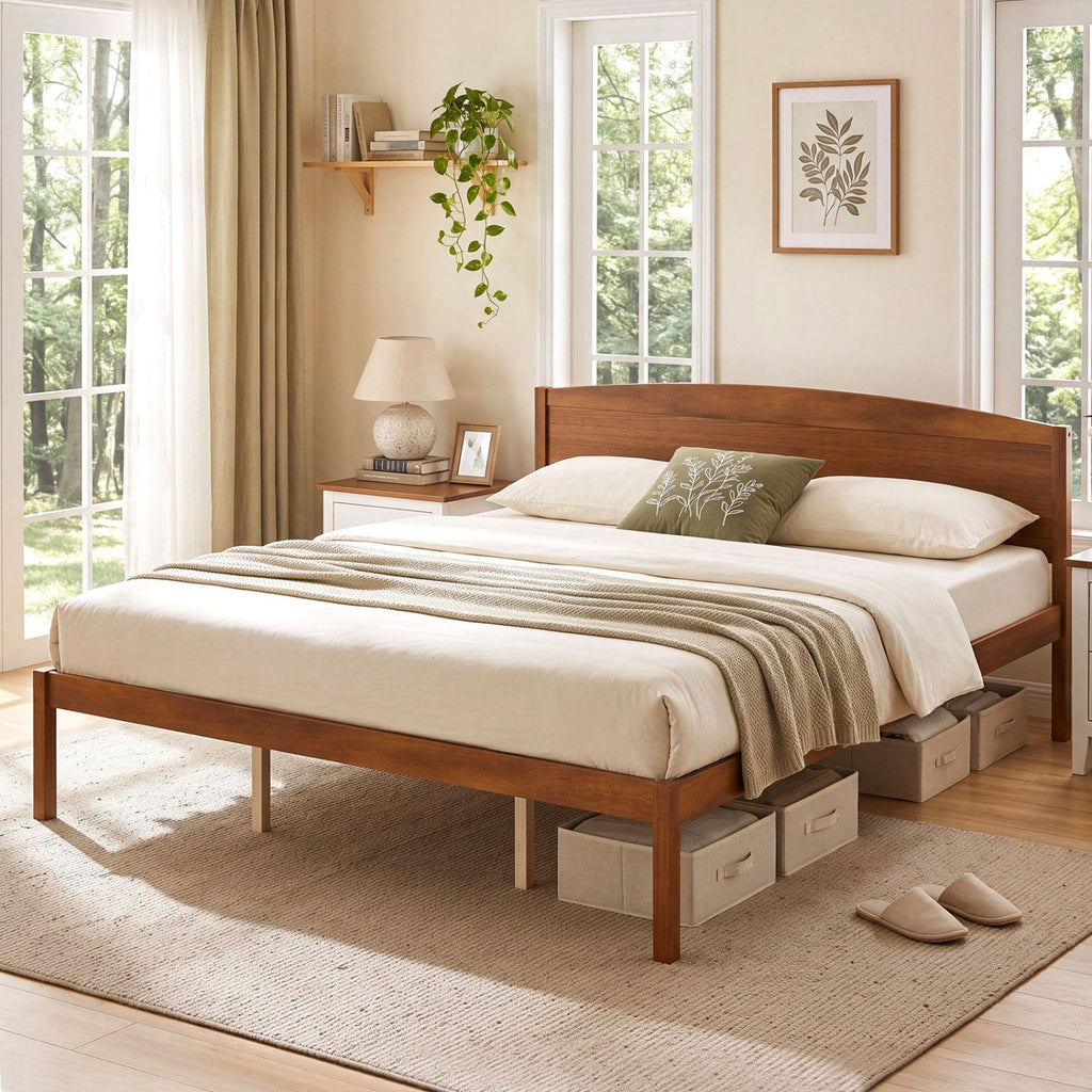 A wooden bed frame with a curved headboard and built-in storage drawers underneath, styled in a bright, modern bedroom with beige bedding, a green accent pillow, and neutral decor.