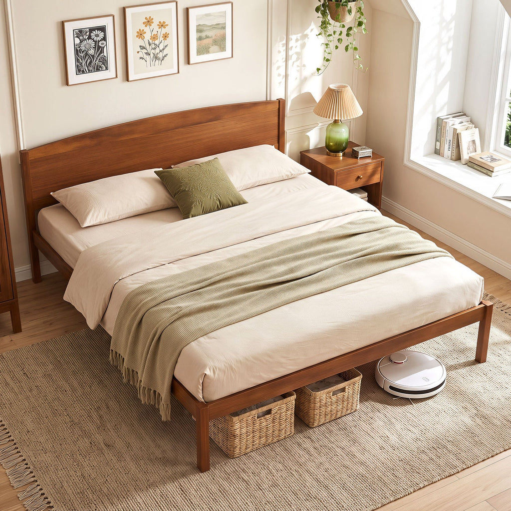 Pine Wood King Size Platform Bed Frame with Curved Headboard