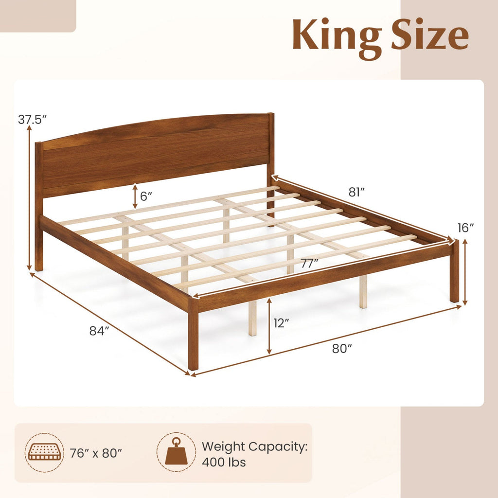 Pine Wood King Size Platform Bed Frame with Curved Headboard