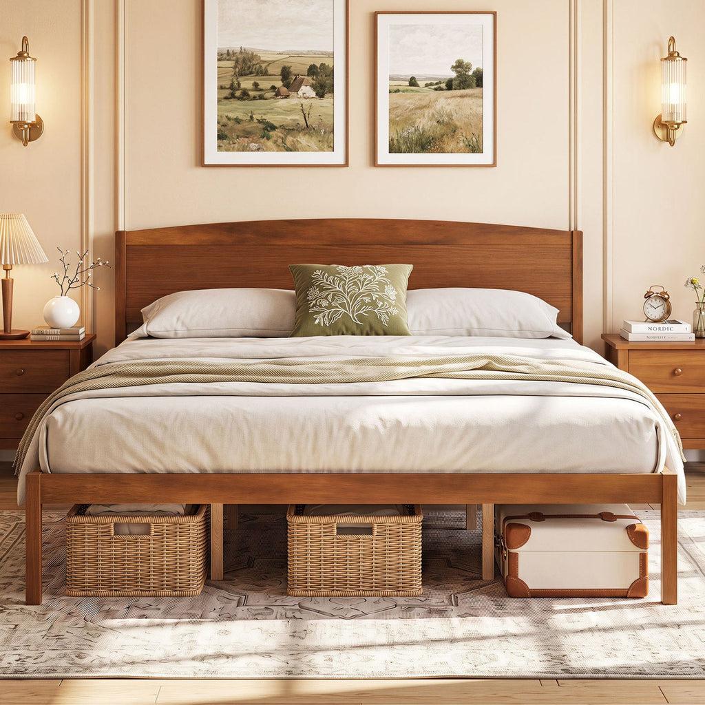 Pine Wood King Size Platform Bed Frame with Curved Headboard