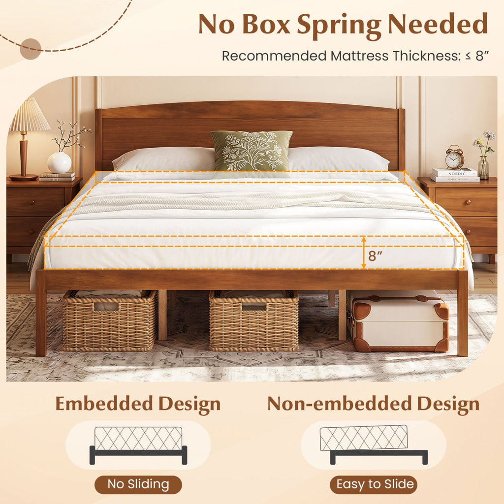 Pine Wood King Size Platform Bed Frame with Curved Headboard