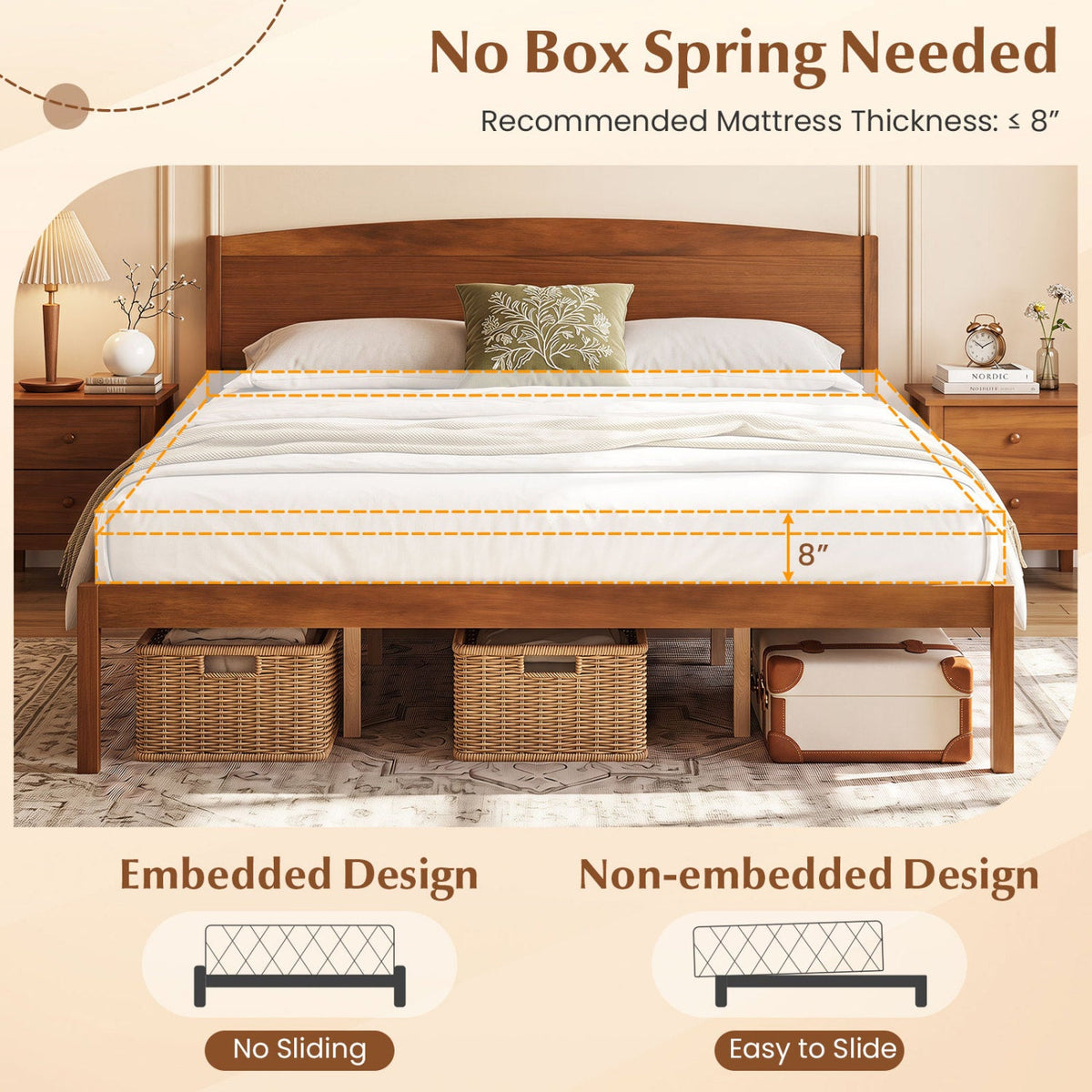Pine Wood King Size Platform Bed Frame with Curved Headboard