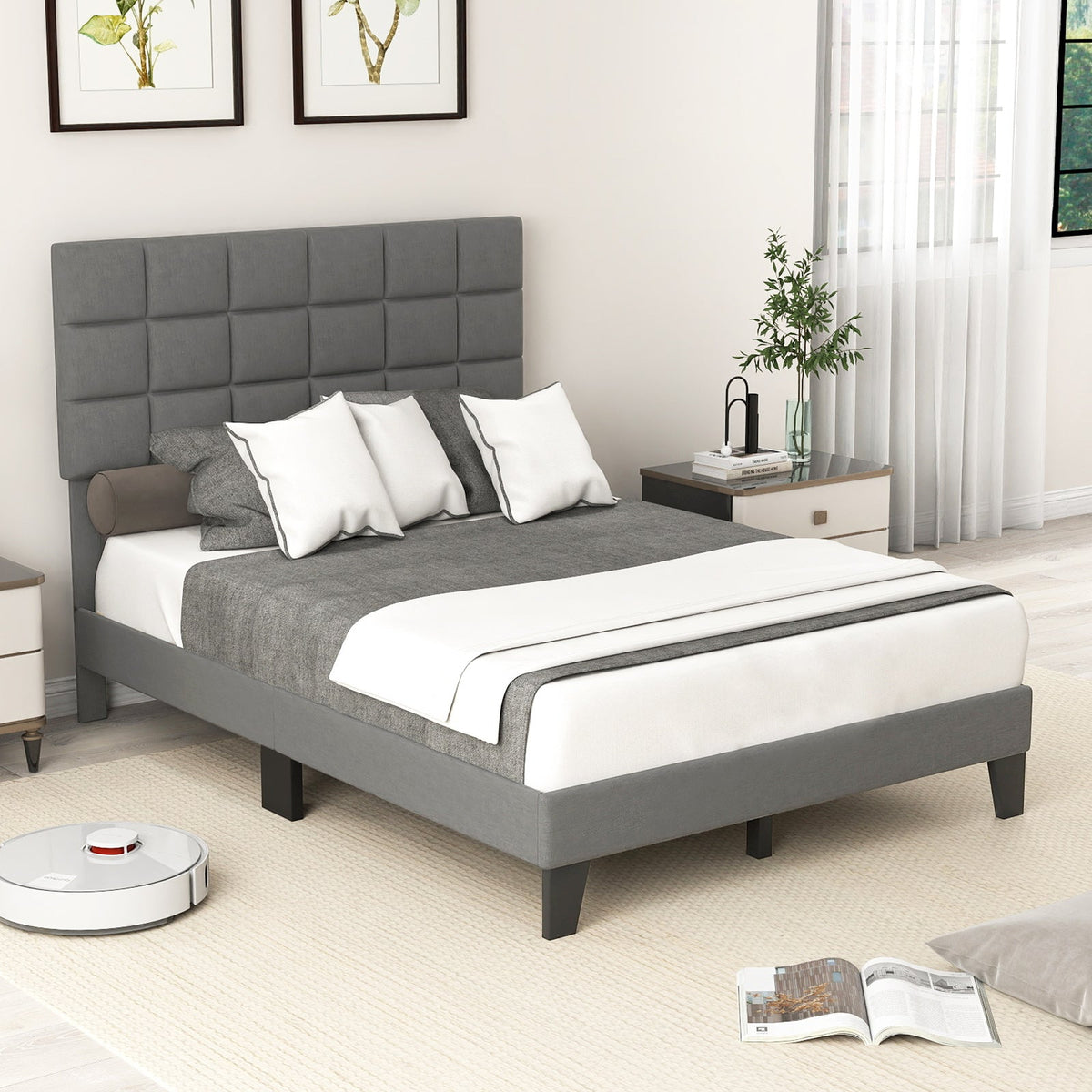 Modern Linen Full Size Bed Frame with Adjustable Headboard-Gray