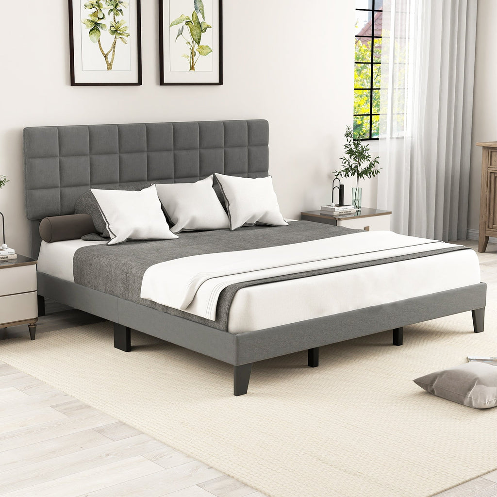 Gray Modern Linen King Size Bed Frame with Adjustable Headboard