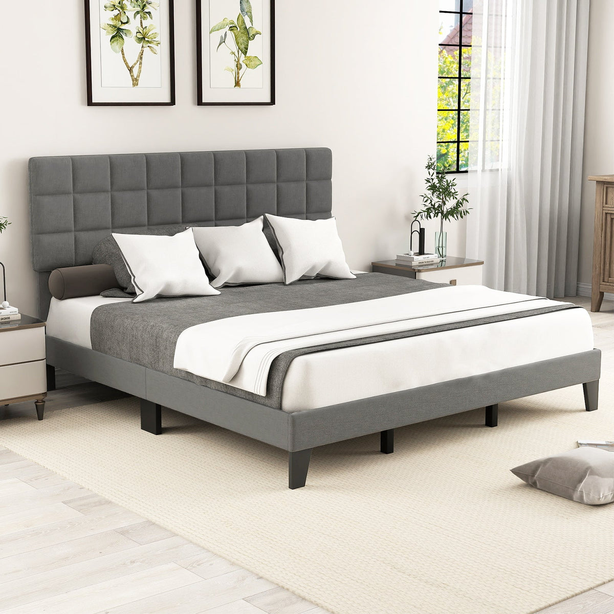 Gray Modern Linen King Size Bed Frame with Adjustable Headboard
