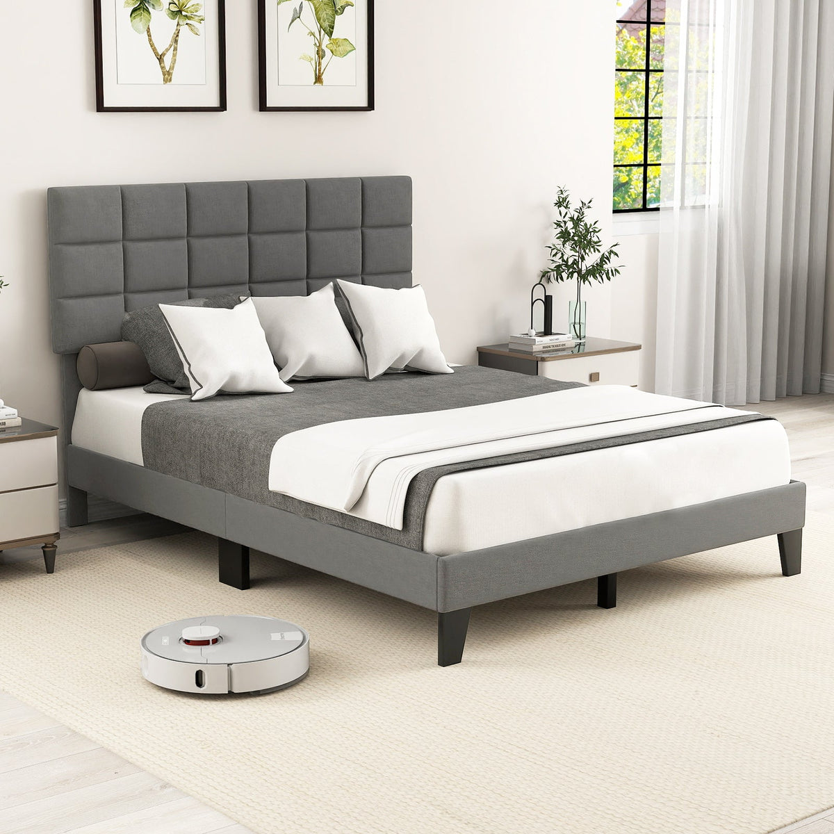 Queen Size Modern Linen Bed Frame with Adjustable Headboard-Gray