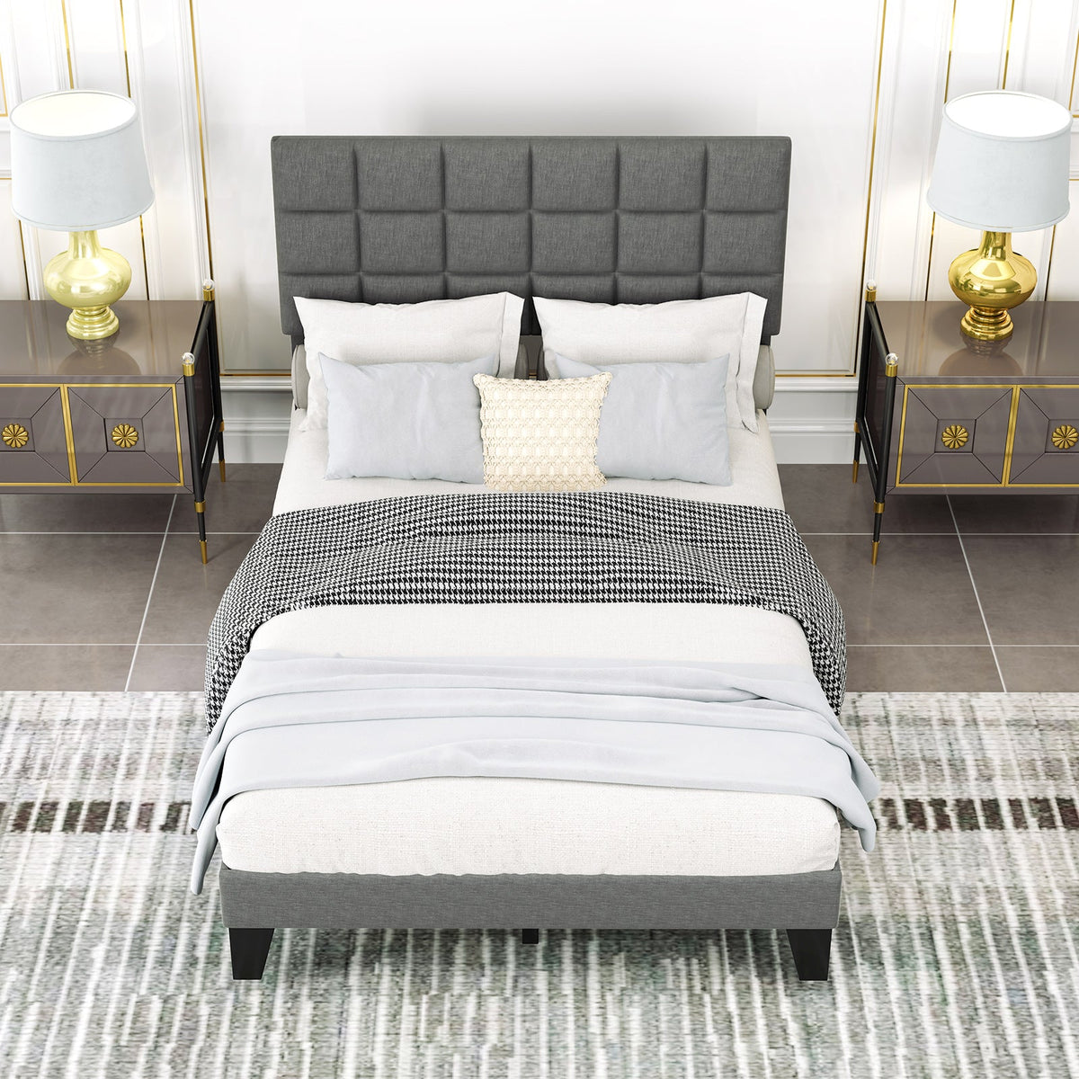 Modern Linen Full Size Bed Frame with Adjustable Headboard-Gray