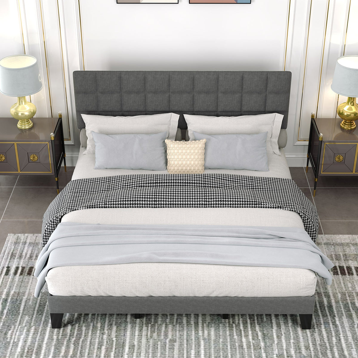 Gray Modern Linen King Size Bed Frame with Adjustable Headboard