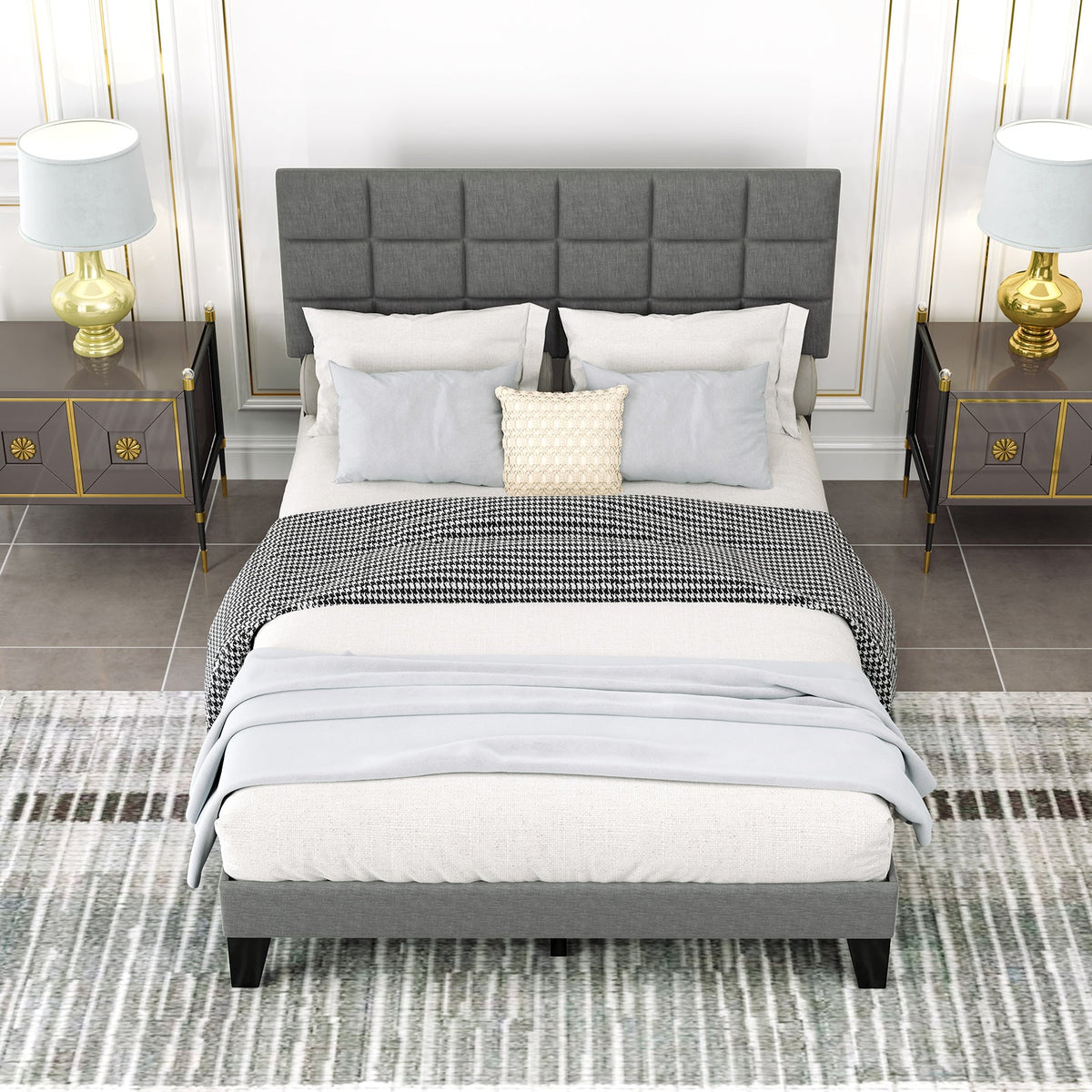 Queen Size Modern Linen Bed Frame with Adjustable Headboard-Gray