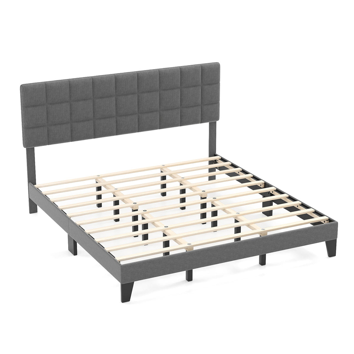 Gray Modern Linen King Size Bed Frame with Adjustable Headboard