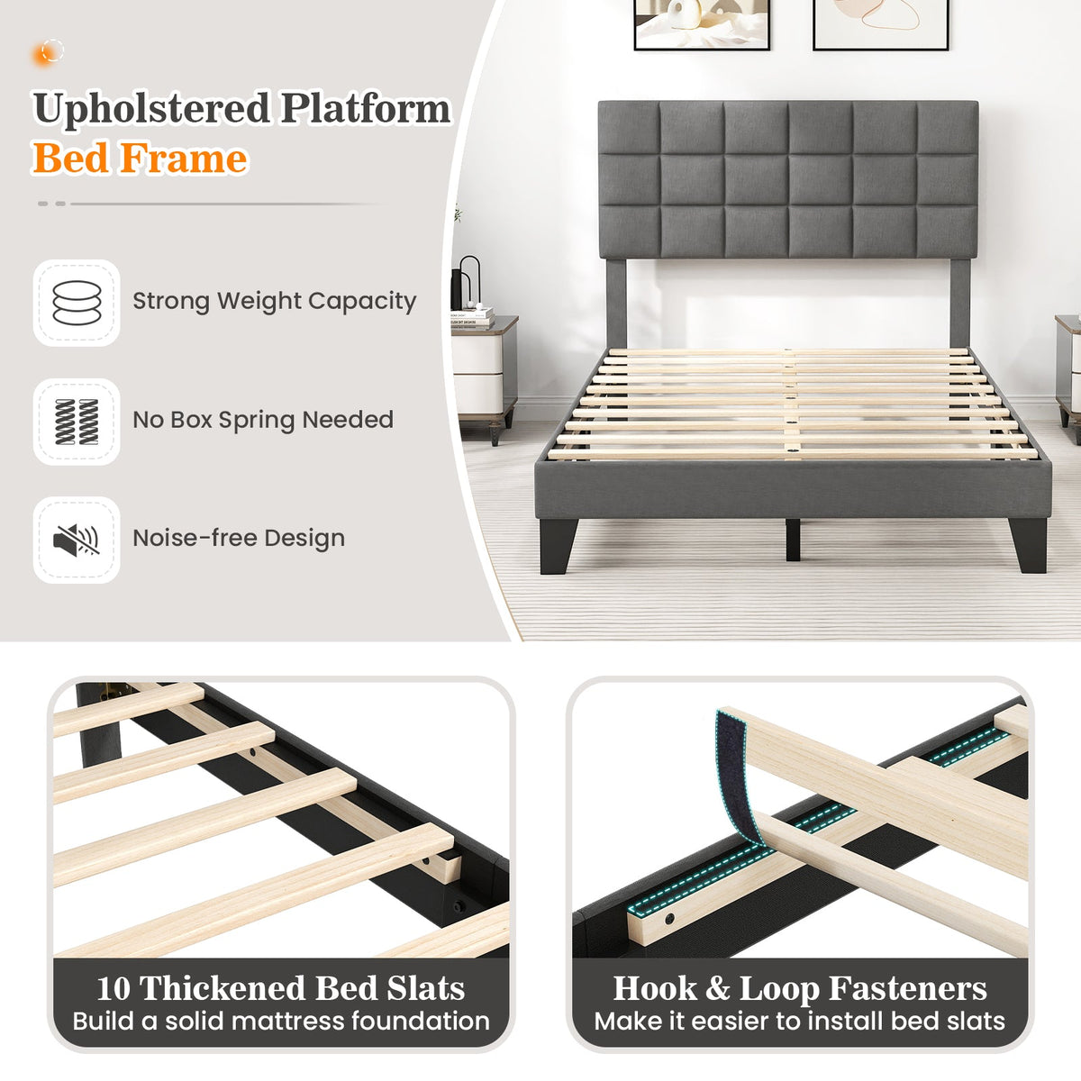 Modern Linen Full Size Bed Frame with Adjustable Headboard-Gray