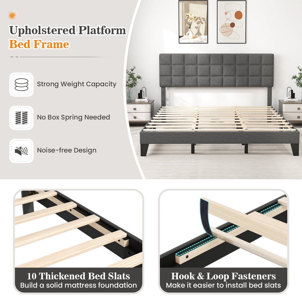 Gray Modern Linen King Size Bed Frame with Adjustable Headboard