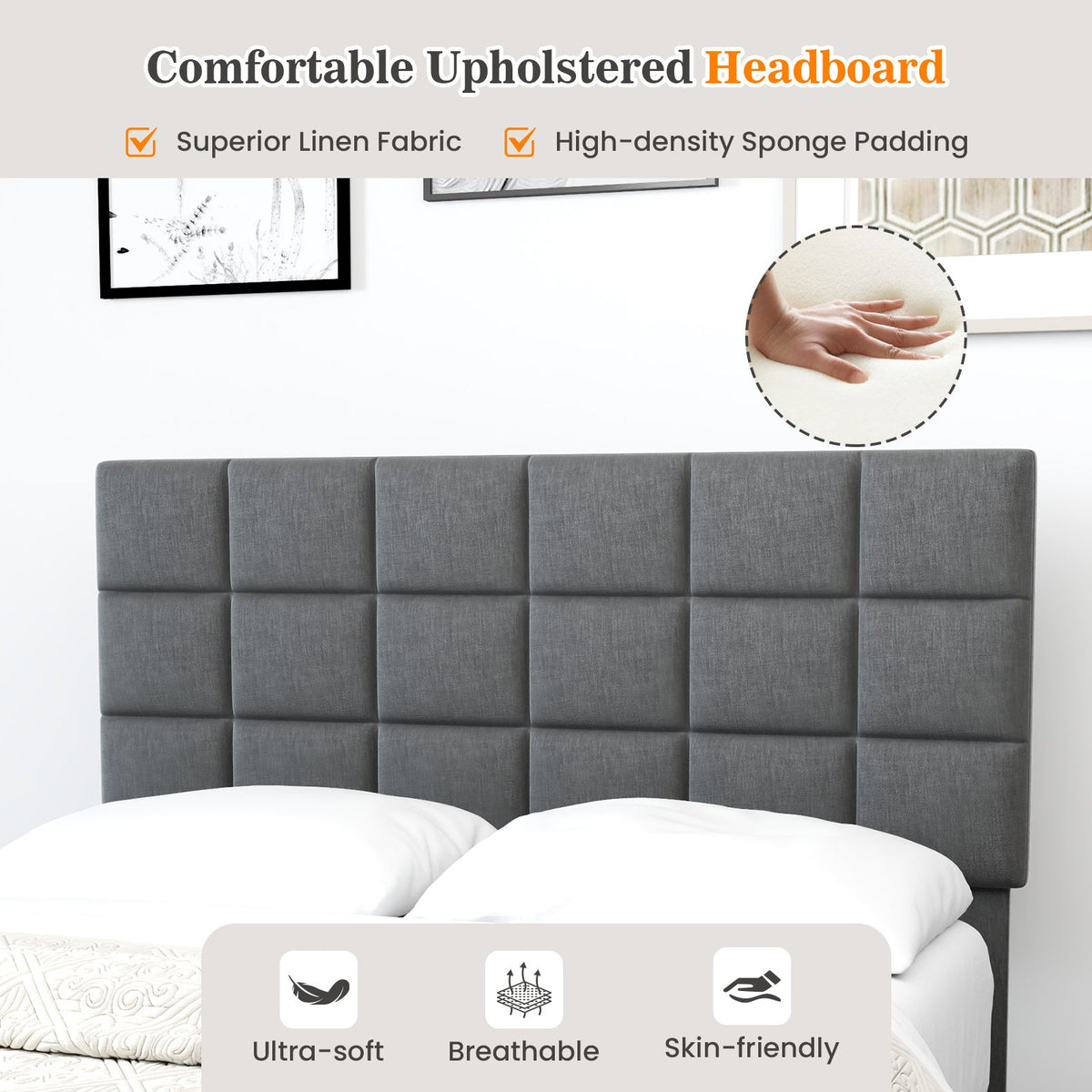 Modern Linen Full Size Bed Frame with Adjustable Headboard-Gray