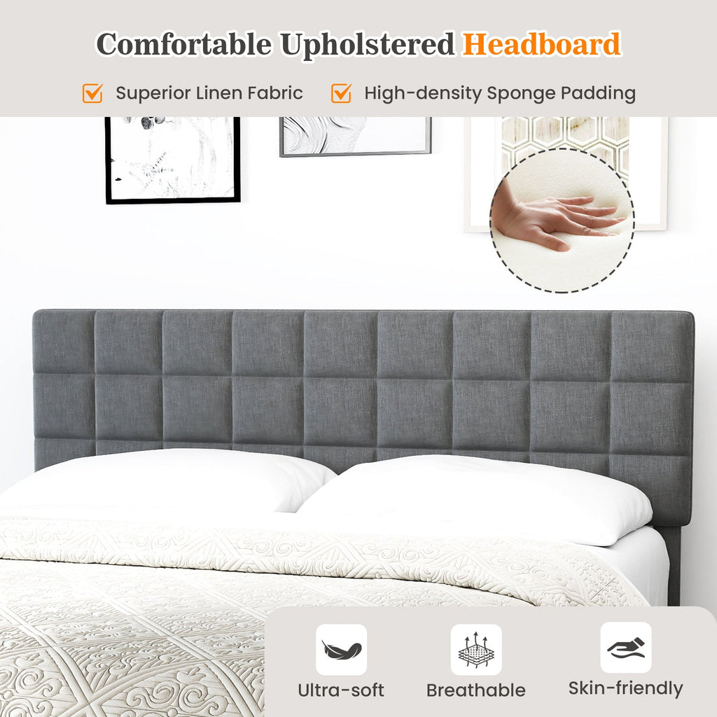 Gray Modern Linen King Size Bed Frame with Adjustable Headboard