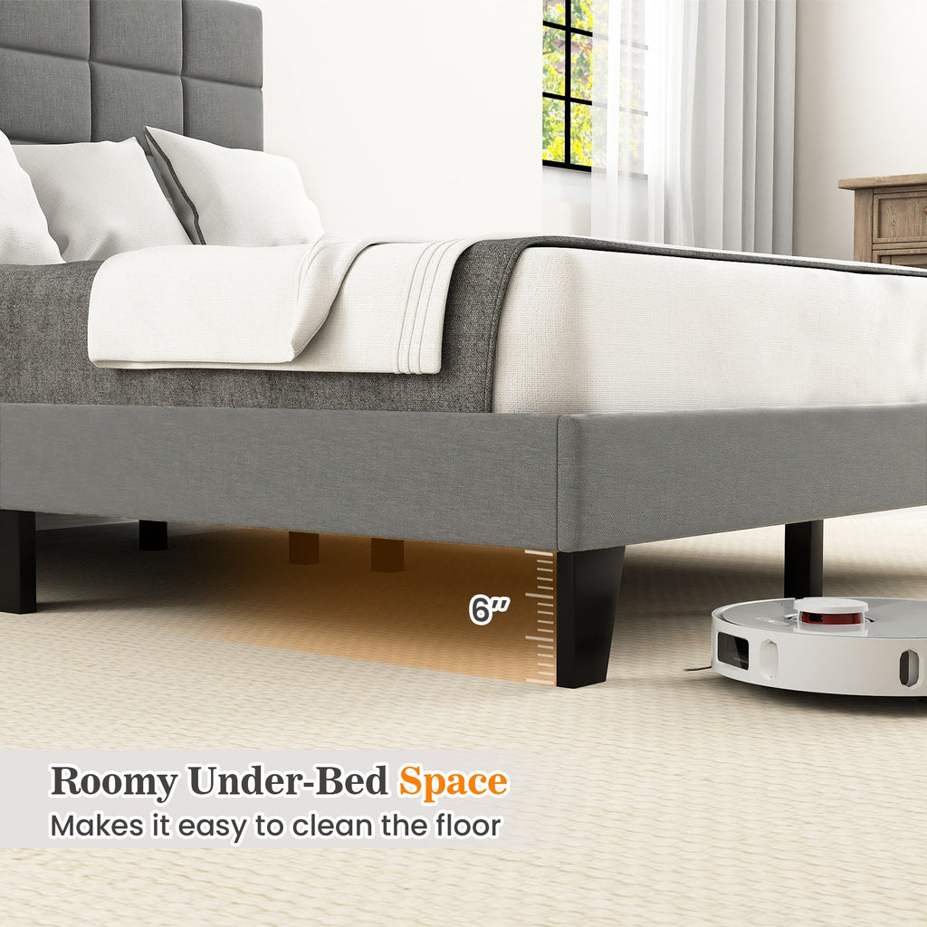 Gray Modern Linen King Size Bed Frame with Adjustable Headboard