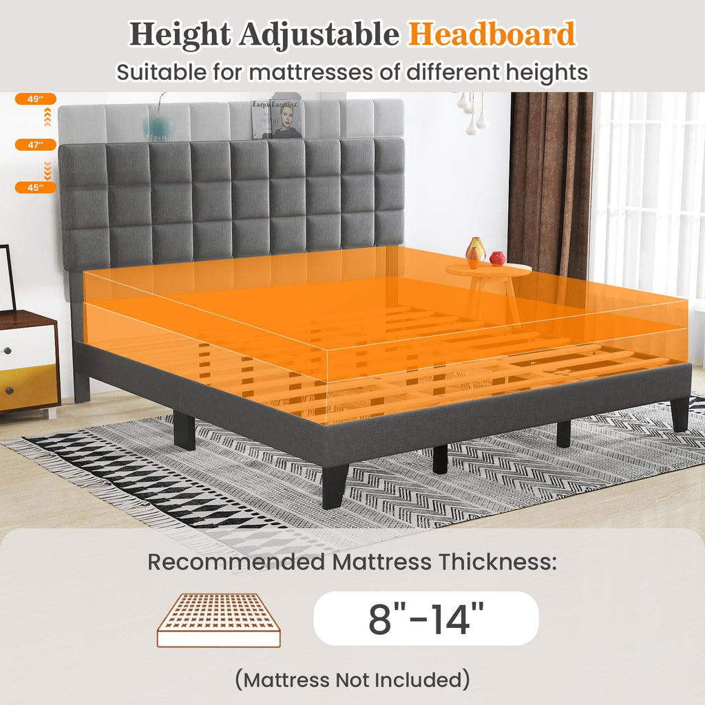 Gray Modern Linen King Size Bed Frame with Adjustable Headboard