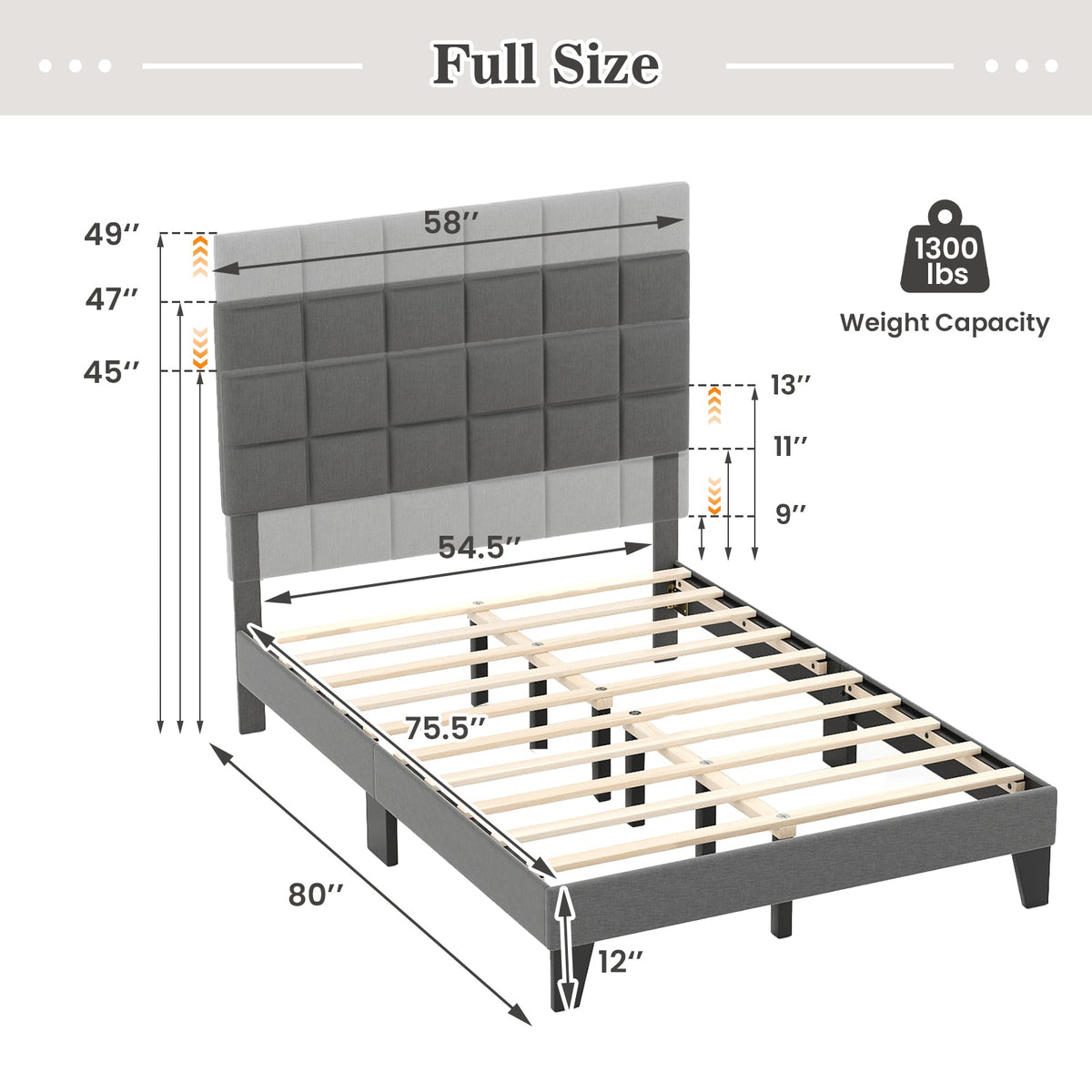 Modern Linen Full Size Bed Frame with Adjustable Headboard-Gray
