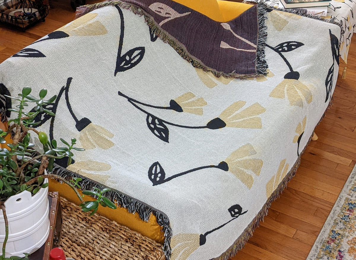 Golden Floral Woven Tapestry Throw – 50" x 60"