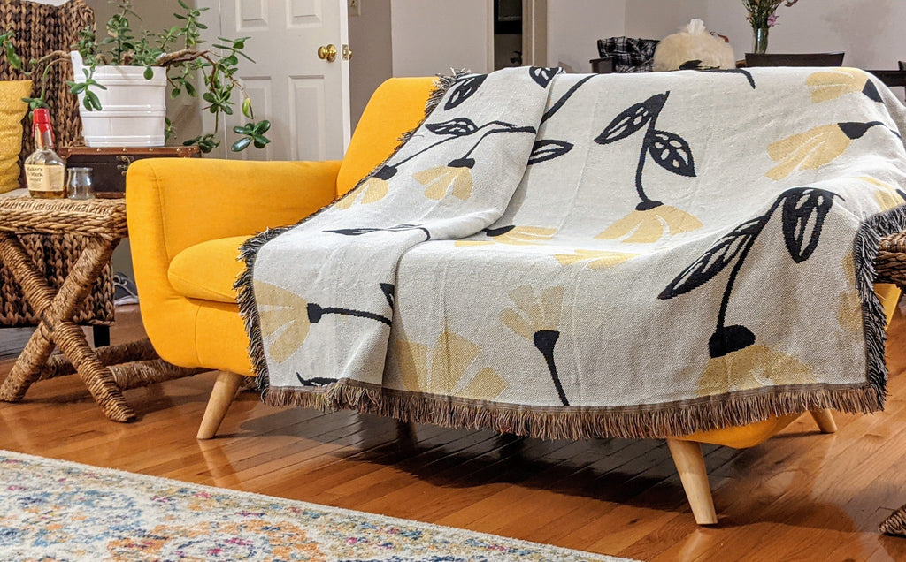 Golden Floral Woven Tapestry Throw – 50" x 60"