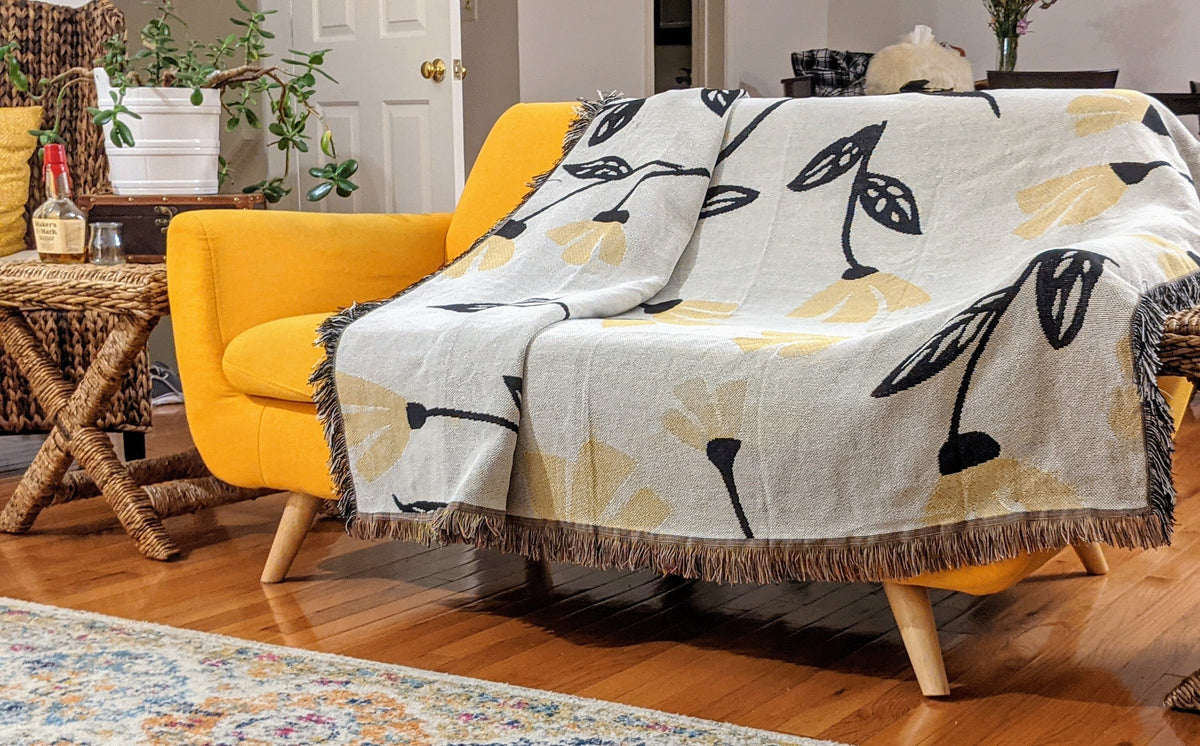 Golden Floral Woven Tapestry Throw – 50" x 60"