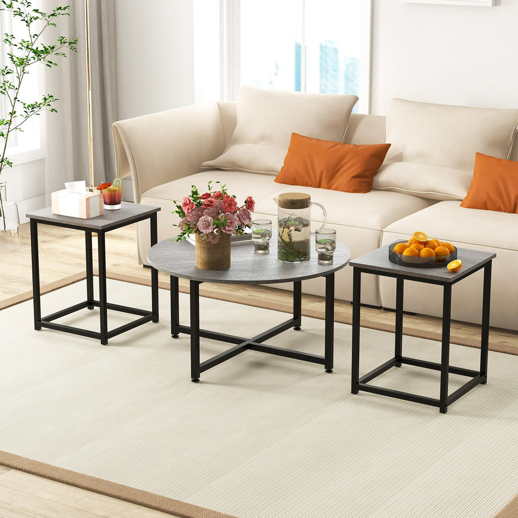 3-Piece Table Set-Round Coffee Table and 2PCS Square End Tables