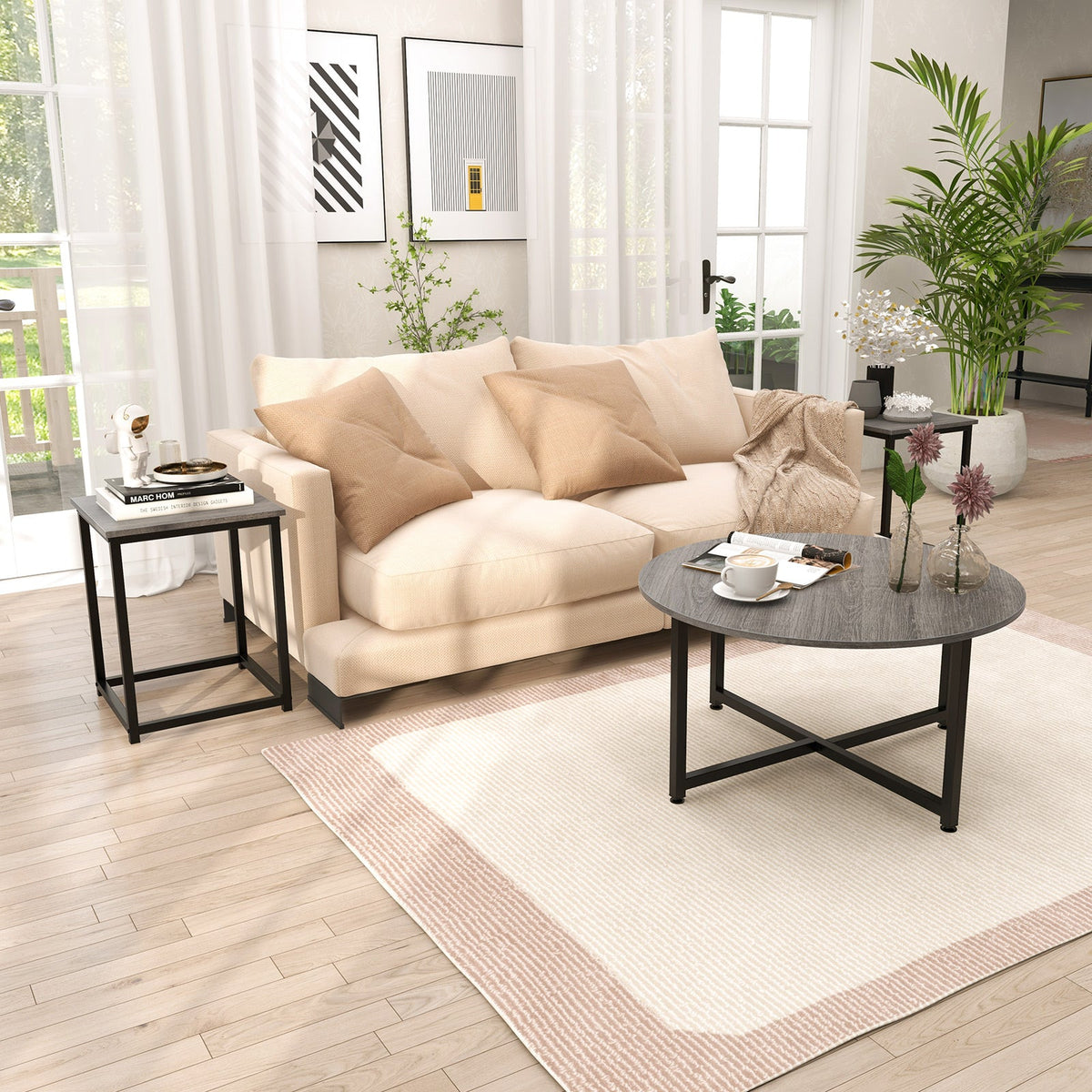 3-Piece Table Set-Round Coffee Table and 2PCS Square End Tables