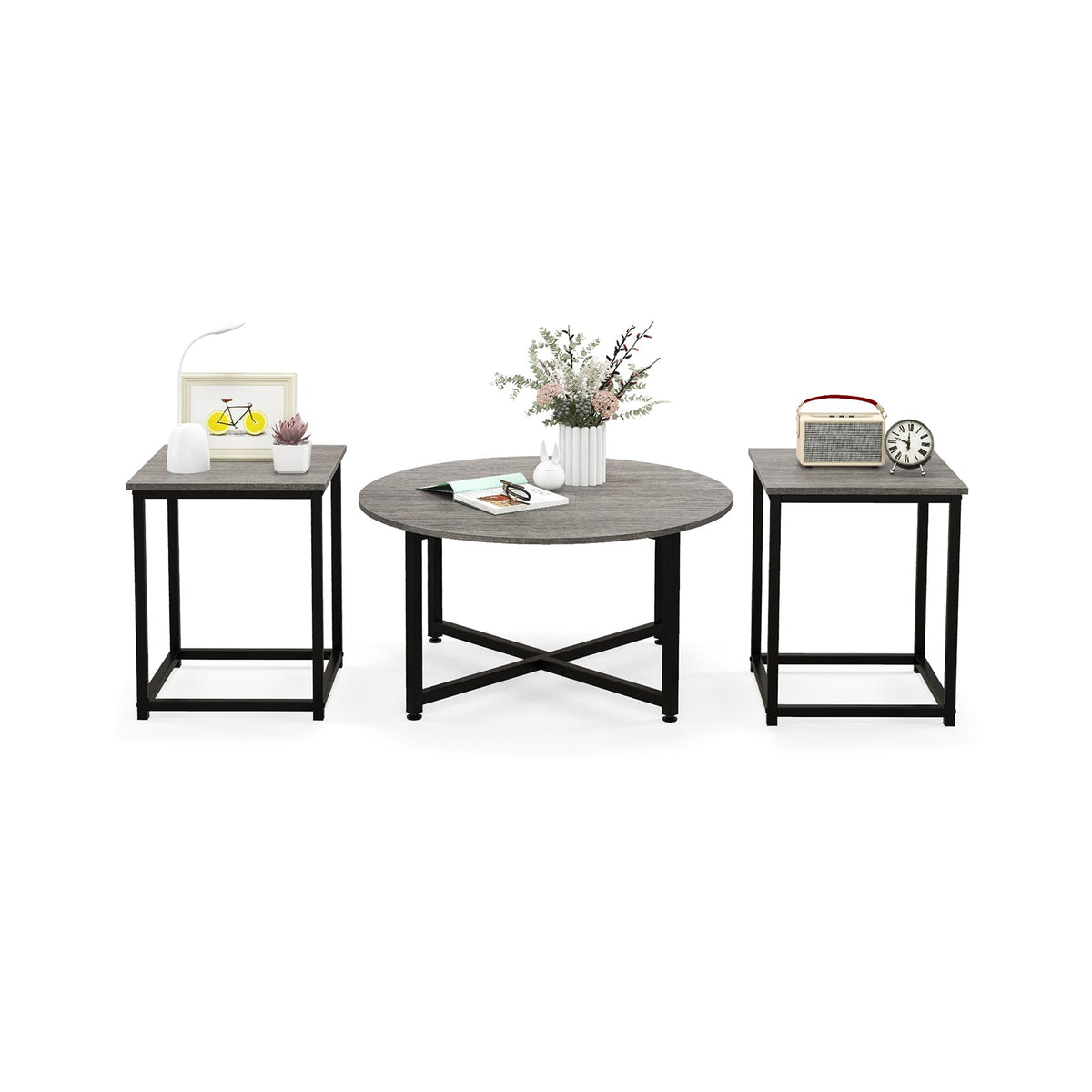3-Piece Table Set-Round Coffee Table and 2PCS Square End Tables