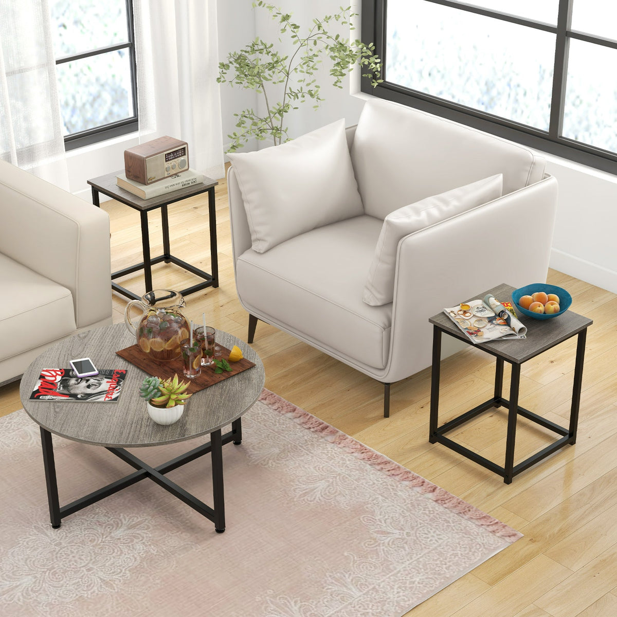 3-Piece Table Set-Round Coffee Table and 2PCS Square End Tables