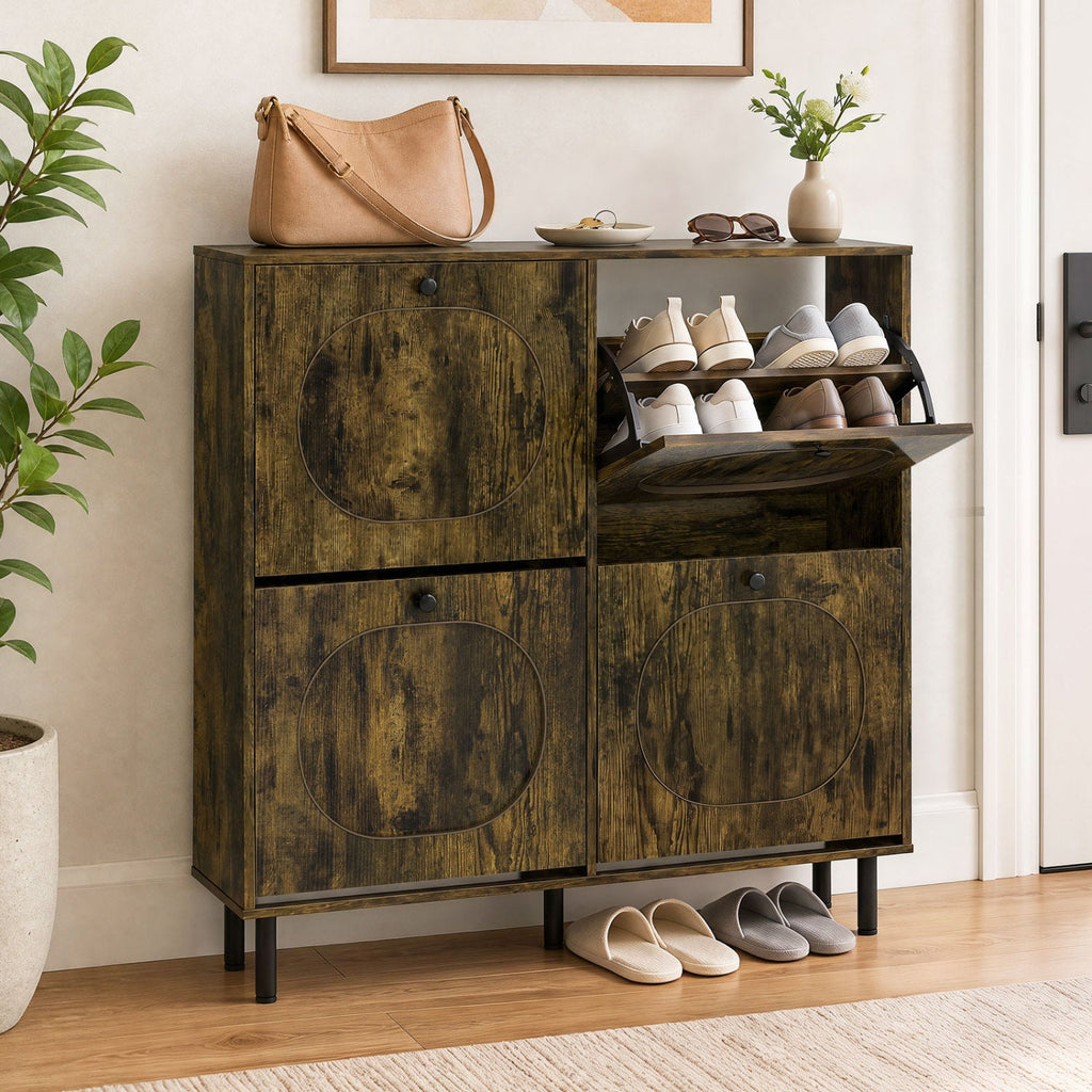 Rustic Brown Shoe Storage Cabinet with 4 Flip Drawers