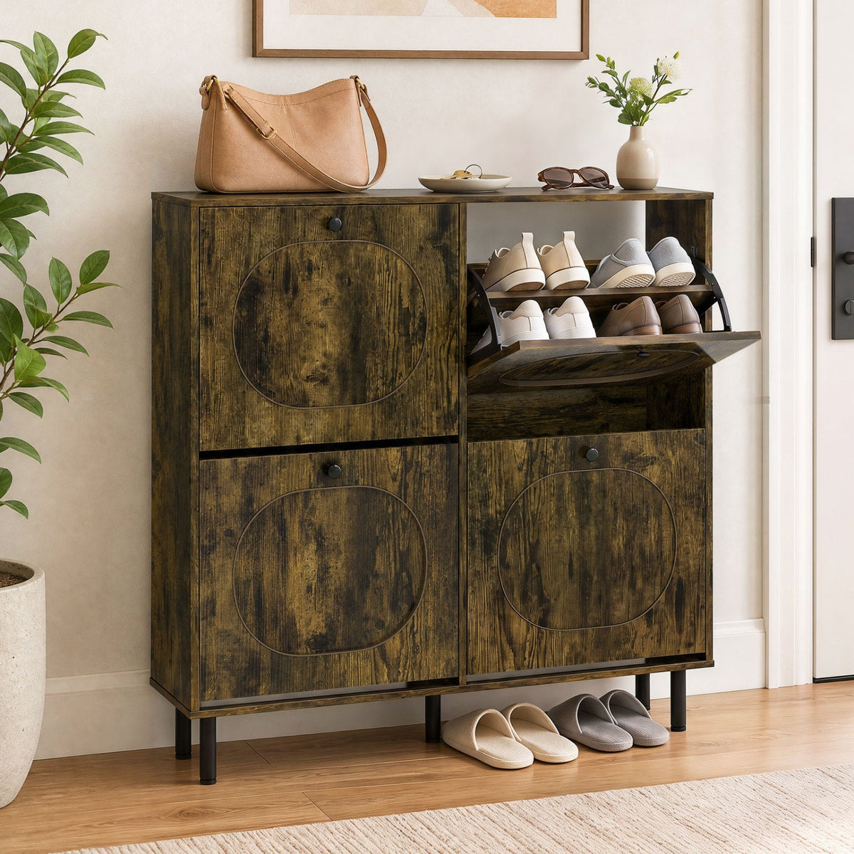 Rustic Brown Shoe Storage Cabinet with 4 Flip Drawers