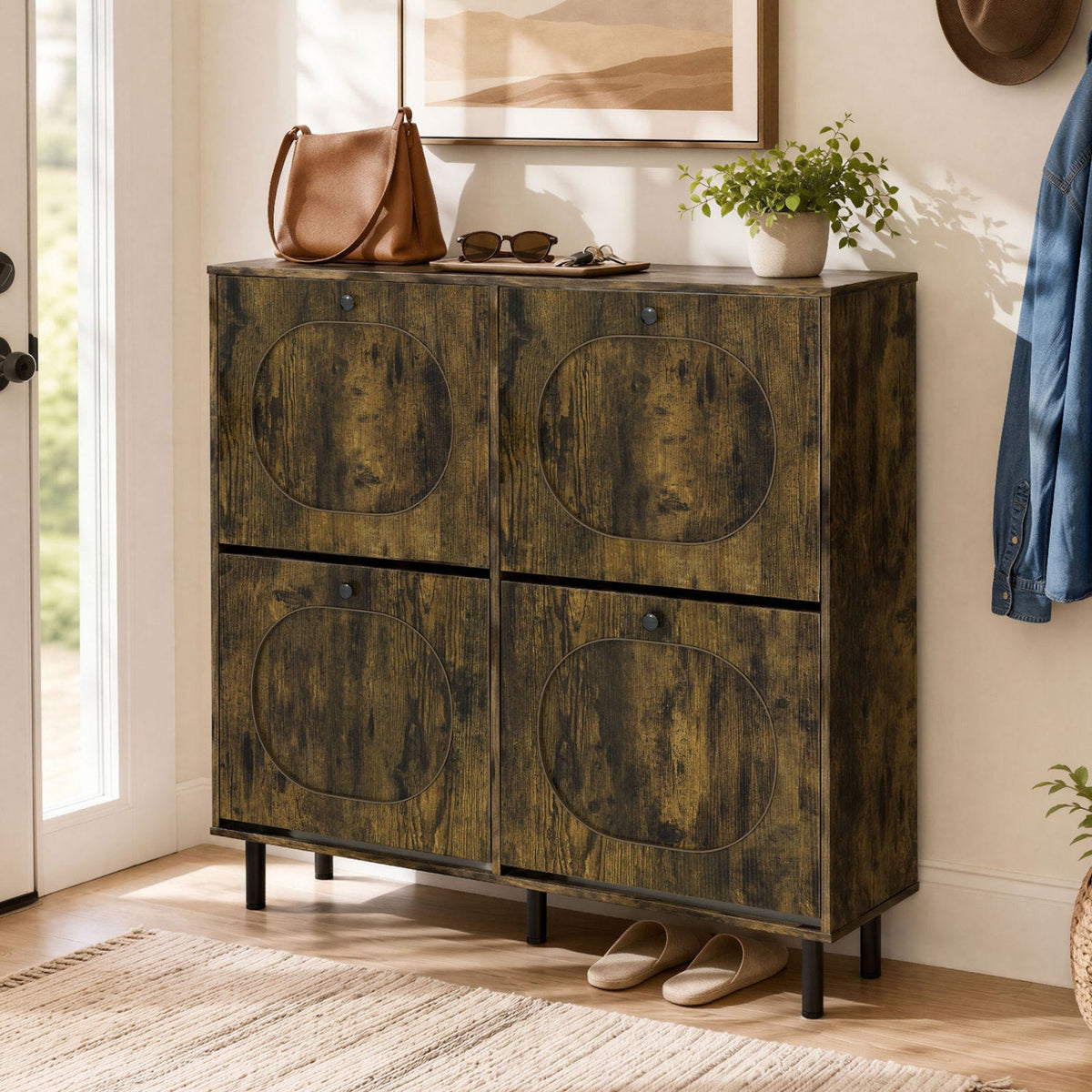 Rustic Brown Shoe Storage Cabinet with 4 Flip Drawers