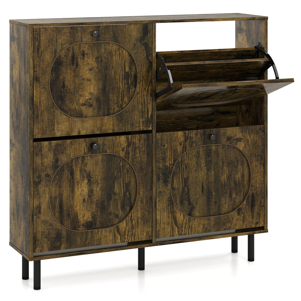 Rustic Brown Shoe Storage Cabinet with 4 Flip Drawers