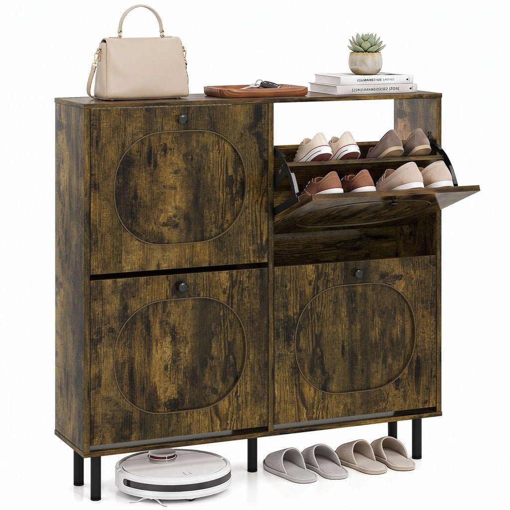 Rustic Brown Shoe Storage Cabinet with 4 Flip Drawers