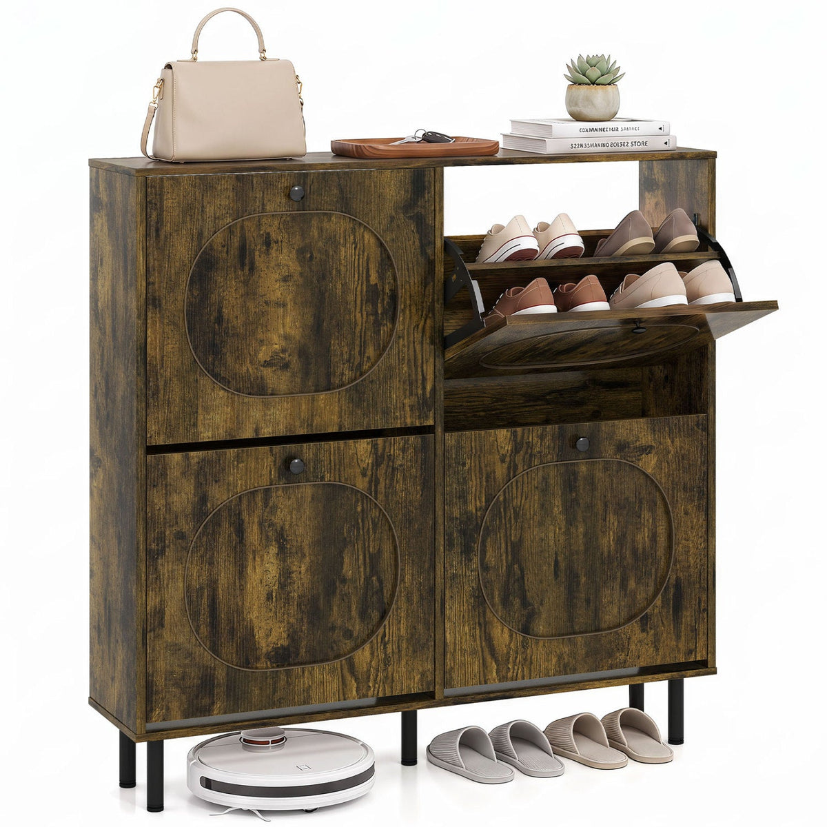 Rustic Brown Shoe Storage Cabinet with 4 Flip Drawers