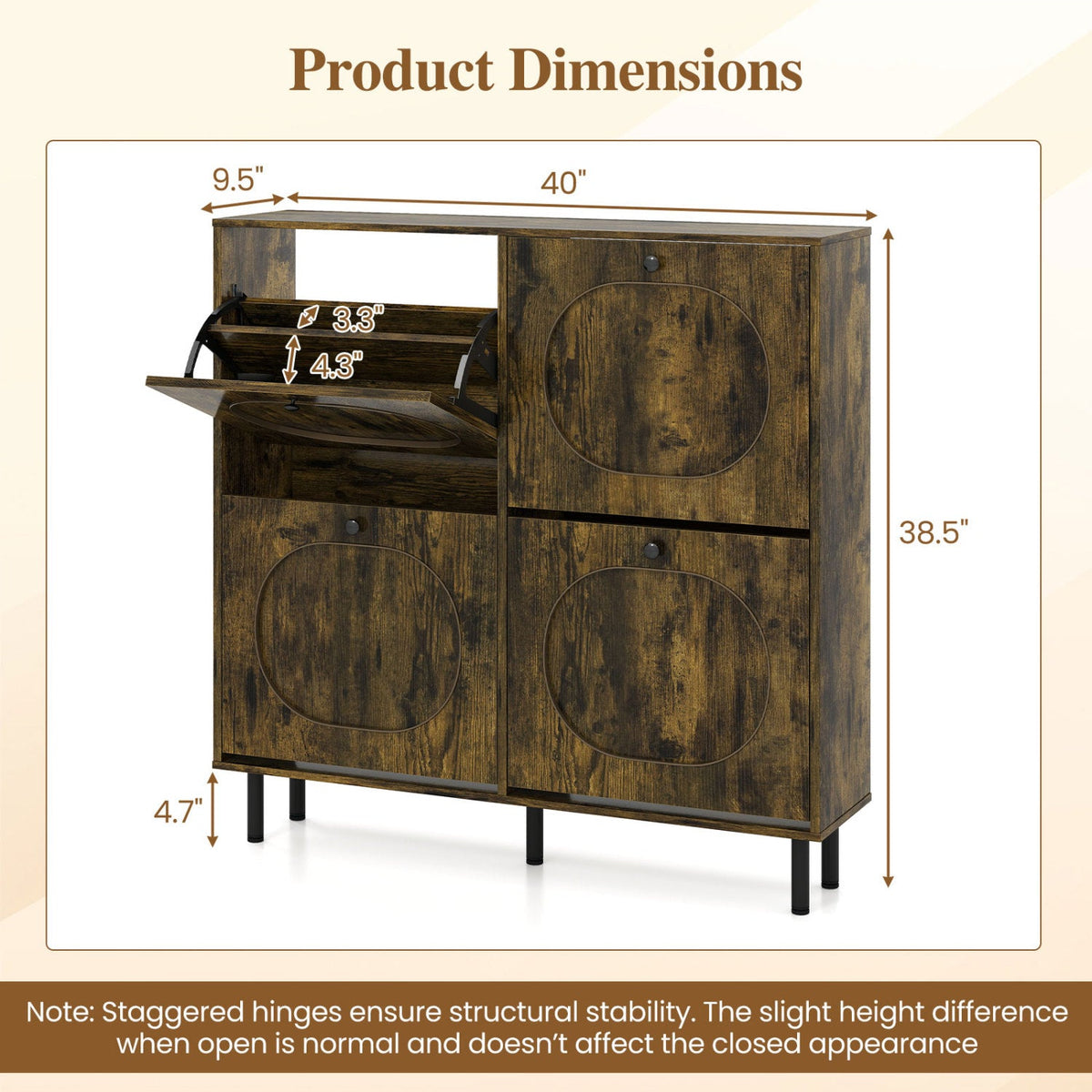 Rustic Brown Shoe Storage Cabinet with 4 Flip Drawers