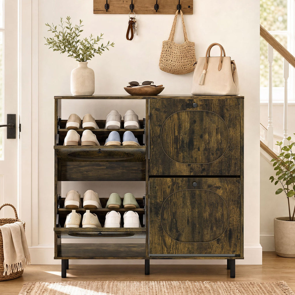 Rustic Brown Shoe Storage Cabinet with 4 Flip Drawers