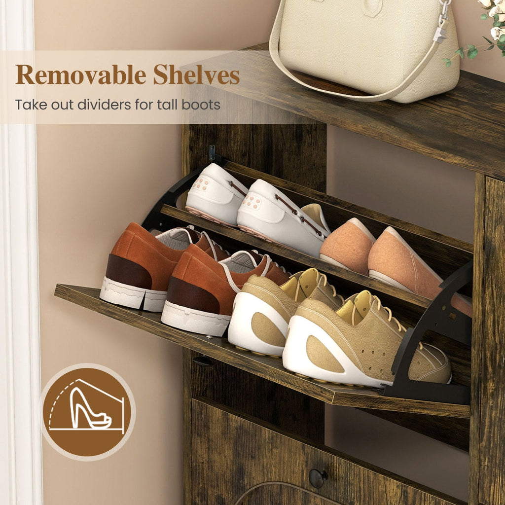 Rustic Brown Shoe Storage Cabinet with 4 Flip Drawers